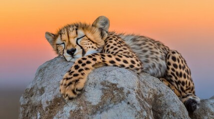 Adorable Cheetah Cub Sleeping Comfortably on a Rock at Sunset
