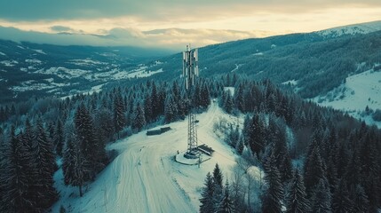 Aerial View of Communication Tower Surrounded by Snowy Forests