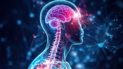 Obraz premium Human Anatomy with Glowing Brain and Spinal Structure in 3D