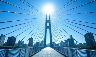 Obraz premium Modern cable-stayed bridge with cityscape background, ideal for engineering or travel themes