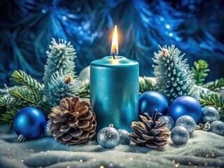 Silver bells chime, pine cones scatter, a frosty blue candle glows amidst a velvet winter landscape.