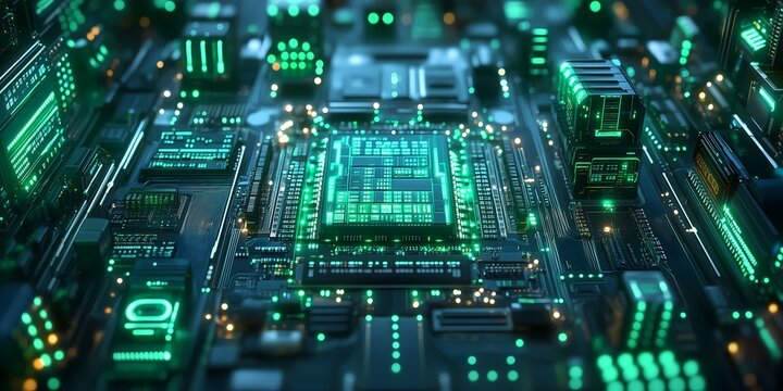 Glowing green computer motherboard with illuminated circuits in technological composition