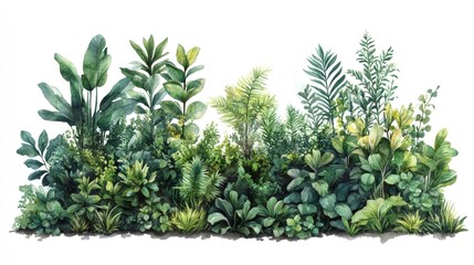 Watercolor painting of lush tropical plants creating a vibrant green border