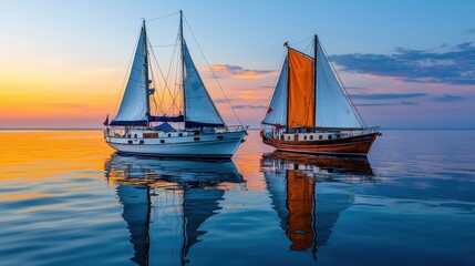 Naklejka premium Tranquil Sunset Over Water with Two Sailboats Reflecting Calm Waves and Sky
