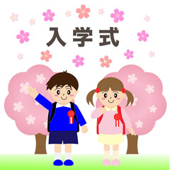 小学生の入学式　桜と花びらが舞う背景のイラスト
