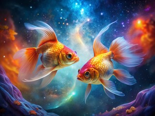 Surreal Goldfish Aquarium: Two Fish Facing, Dreamlike Underwater Scene