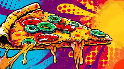 A cartoon style pizza slice with cheese dripping off.