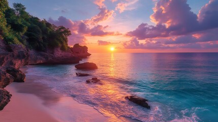 Golden sunset illuminating tropical beach with pink and turquoise water