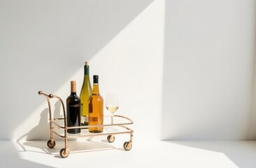 Modern kitchen interior mockup with wine bottles on cart in minimalist design concept