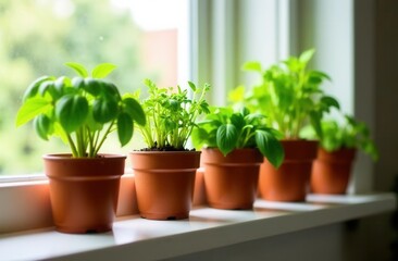 Obraz premium Indoor herb garden setup in kitchen for fresh cooking and design inspiration