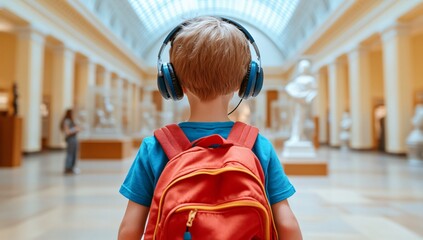 Boy with headphones in museum, exploring art