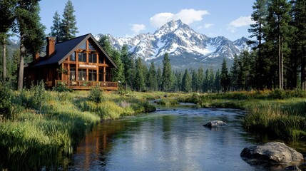 Fototapeta premium Scenic Mountain Cabin Surrounded by Pine Trees and Clear Stream Under Blue Sky