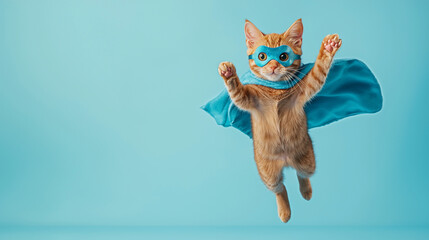Adorable ginger kitten super hero in flight blue cape cat pet fun cute mask funny power happy image