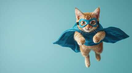 Fototapeta premium Adorable ginger kitten superhero in flight blue cape costume cat pet fun pet cute mask funny image