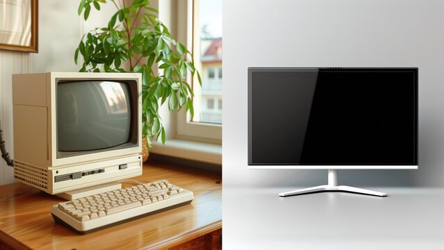 A nostalgic comparison of an old beige computer and a modern sleek monitor, highlighting technology evolution. generation comparison, old vs new age