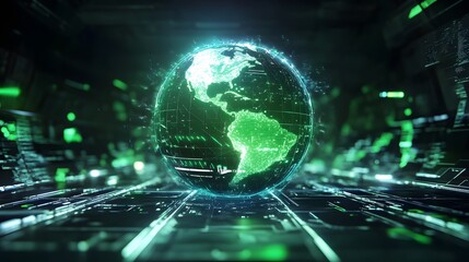 Digital Global Network with Futuristic Green Earth Visualization