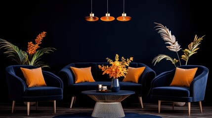 Elegant modern living room with navy blue furniture and vibrant orange accents