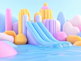 Colorful inflatable water slides amidst pastel-hued whimsical structures by a pool
