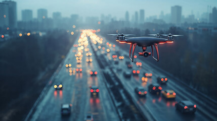 A drone flying over the highway with cars.
