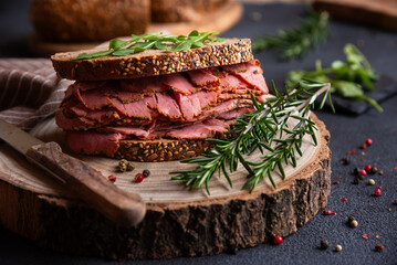 Pastrami sandwitch, sliced pastrami meat with bread