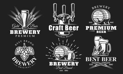 Beer logo set isolated on black background. Brewery emblem design. Beer elements from labels: tap, wheat, glass, mug, barrel. Vector illustration