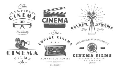 Cinema logo vintage set isolated on white background. Design element label film, camera, reel, ticket, strip, clapper board. Cinema emblem templates. Vector illustration
