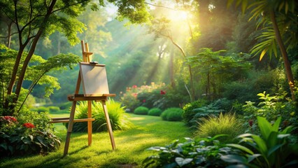 Tranquil garden scene:  an easel glows softly, painting nature's peaceful beauty under low light.
