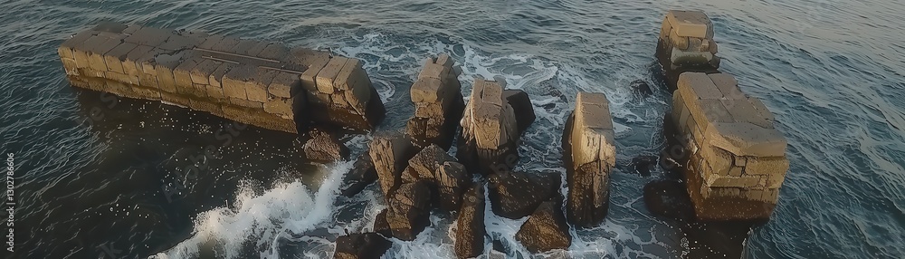 Poster aerial view of rocky structures emerging from the ocean, surrounded by waves and reflecting sunlight