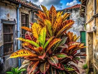 Obraz premium Urban exploration reveals a vibrant croton plant, a splash of color in Cayo Santa Maria, Cuba.