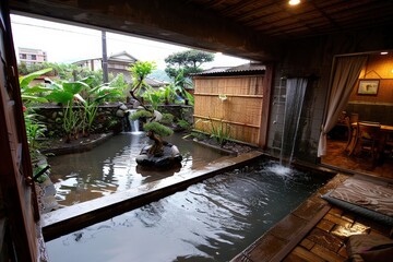 Fototapeta premium A serene indoor space featuring a tranquil water feature, surrounded by lush greenery and natural materials.