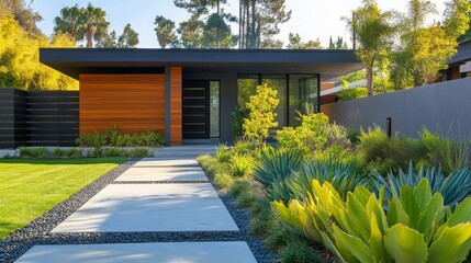 Obraz premium Modern residential architecture showcases sleek design and lush landscaping in a sunny suburban neighborhood