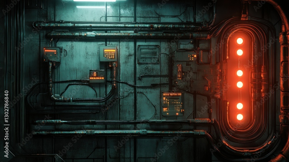 Poster futuristic control panel with illuminated buttons and intricate wiring in a dimly lit environment