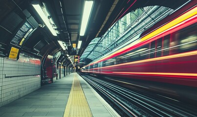 Obraz premium Red train speeding through underground station platform