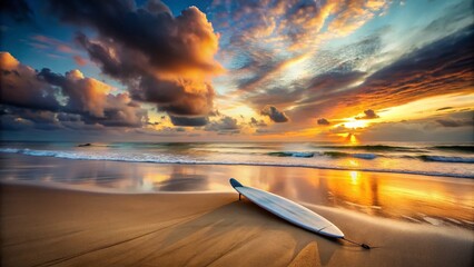 Surreal Sunset Surfboard on Sandy Beach: Idyllic Coastal Scene