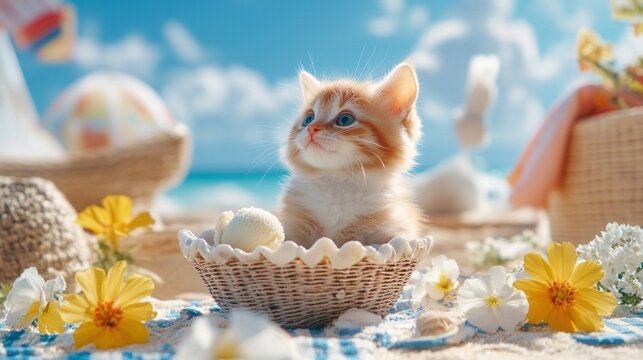 Kitten curiously watching a floating ice cream in a seashell bowl placed on a beach picnic setup  