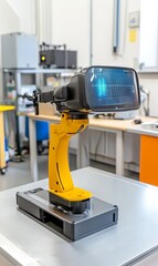 Robotic arm with digital display in lab analyzing data