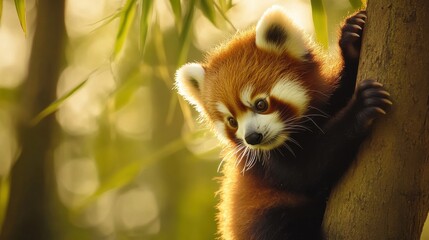 Fototapeta premium Adorable Red Panda Climbing a Tree in a Lush Green Environment