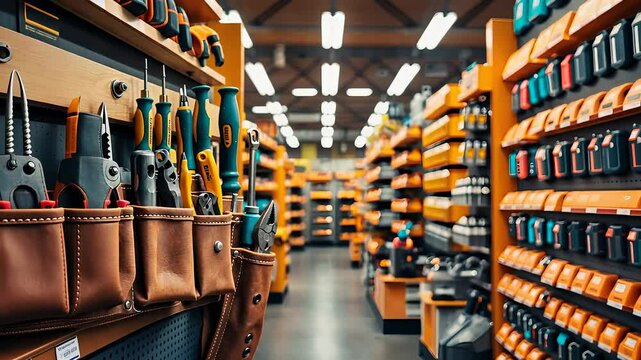 Wide-Angle View of a Well-Organized Hardware Store Aisle with Assorted Hand Tools and Power Tool Accessories on Shelves

