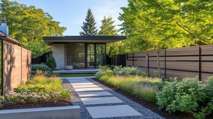 Fototapeta premium Modern garden pathway leads to contemporary house surrounded by lush greenery in a serene outdoor setting