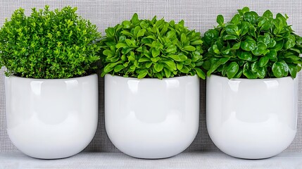 Fototapeta premium Three Green Plants in White Oval Pots Modern Home Decor Lush Greenery