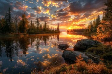 Obraz premium Serene sunset over lake with forest reflection. Neural network AI generated