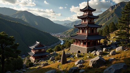 Scenic view of South Korean countryside with ancient temples nestled among mountains and lush greenery. Concept showcases South Korean countryside with ancient temples