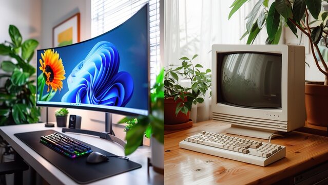 A vibrant contrast of technology: a modern curved monitor with colorful display alongside an old-school computer setup. generation comparison, old vs new age