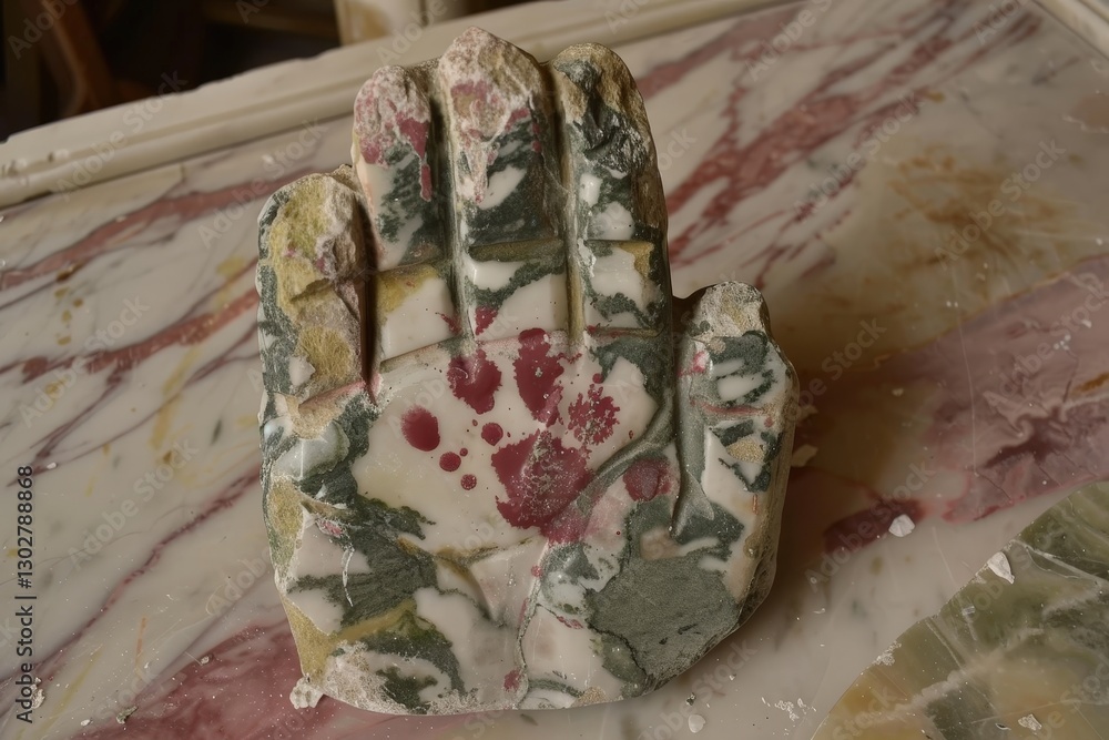 Poster a colorful hand sculpture made from marble-like material, showcasing intricate patterns and textures