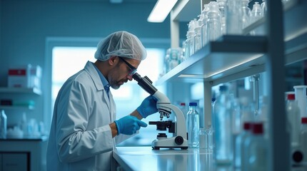 Scientist Examines Samples Under Microscope in Modern Laboratory Setting