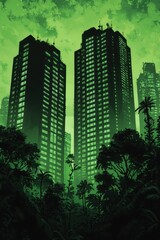 A mysterious urban landscape with towering green-lit skyscrapers surrounded by dense foliage, evoking a surreal and atmospheric vibe.