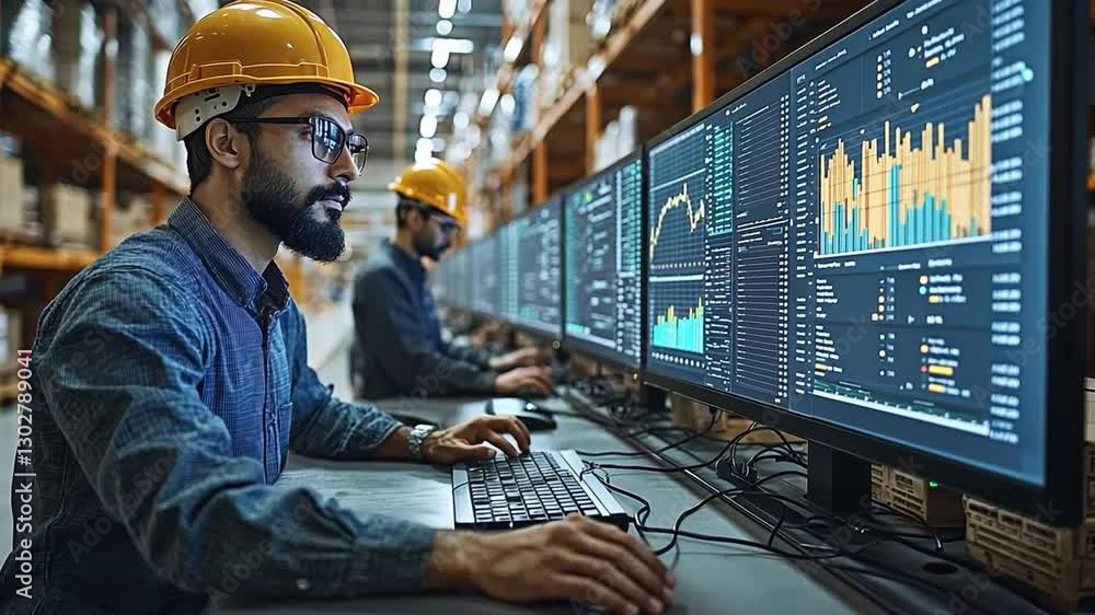 Poster warehouse data analysis: a focused warehouse worker wearing a hard hat meticulously analyzes intrica