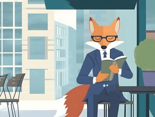 Sophisticated fox wearing a suit and glasses, sipping coffee while reading a book in a minimalist modern café, blending intelligence, elegance, and style in a classy illustration.  
