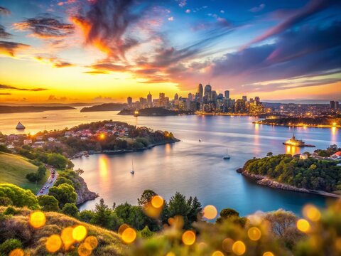 Sydney Harbour Panoramic View: North & South Head from Dobroyd Head Lookout, Stunning Bokeh Effect