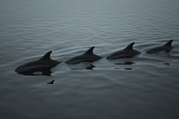 Fototapeta premium A pod of dolphins swims gracefully through calm water, showcasing their sleek bodies and playful nature.